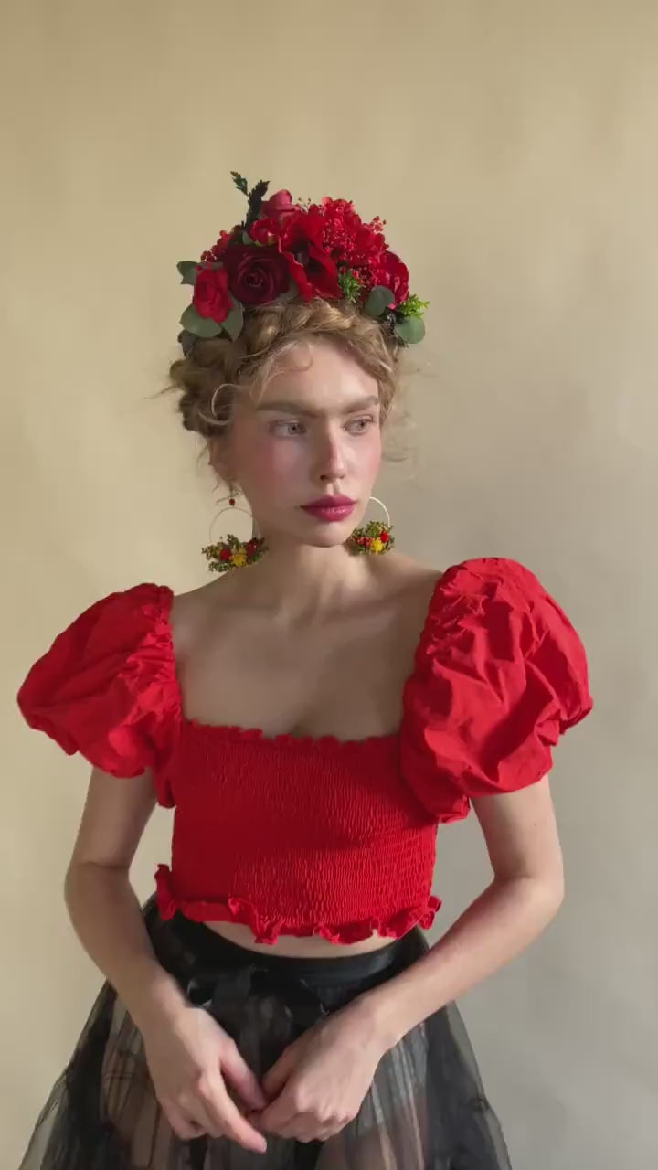 Red Frida Flower Headband: Bridal Wedding Hair Accessory