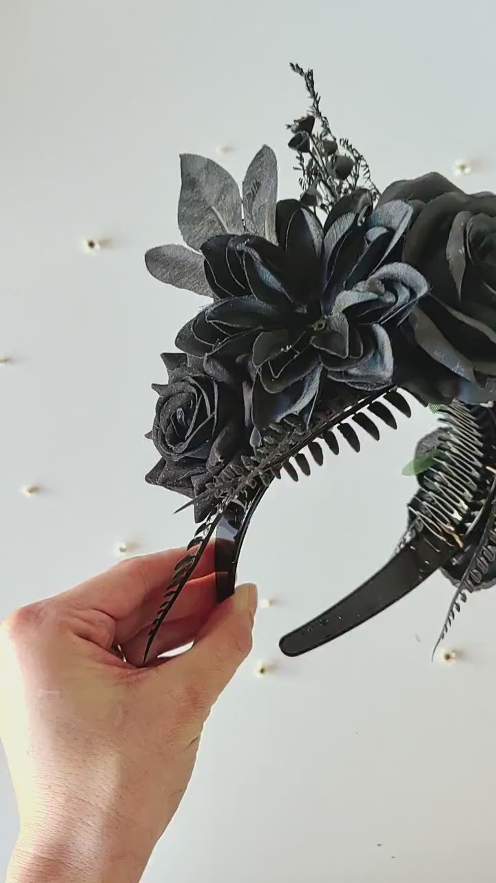 Black flower headband in Frida style: Halloween flower headpiece