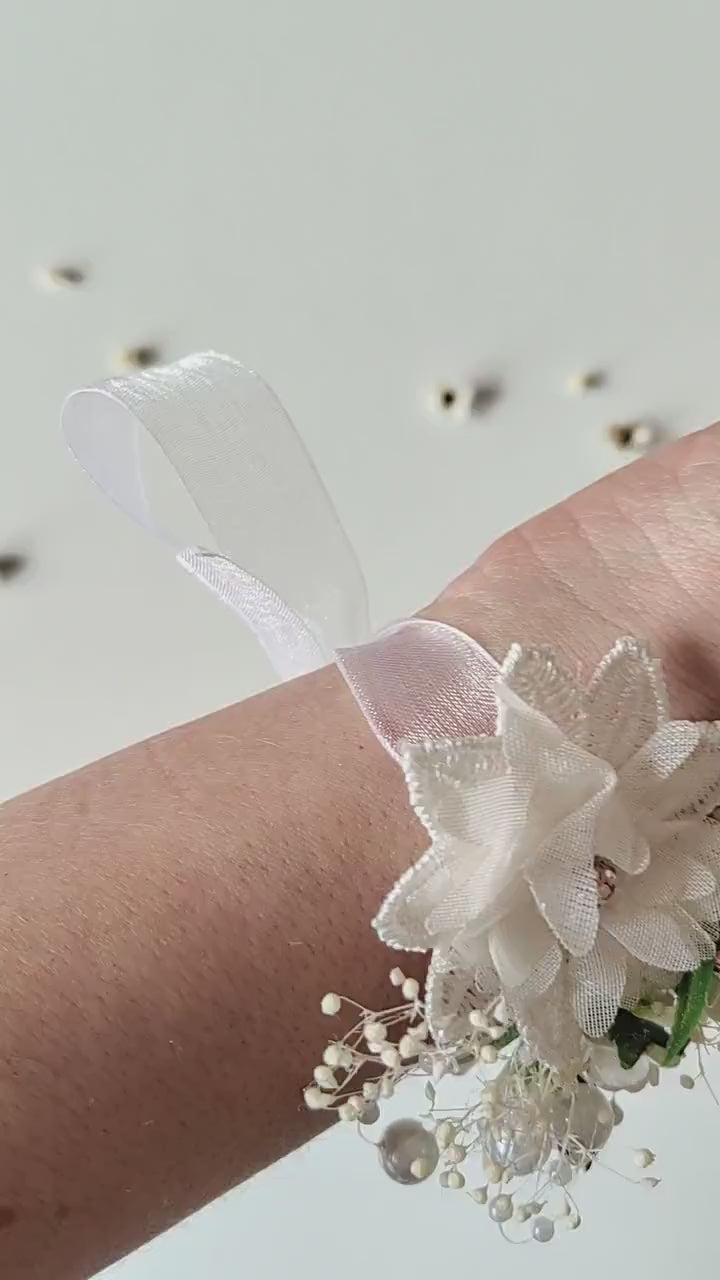 First Communion Flower Bracelet: White Rose & Pearl Floral Corsage