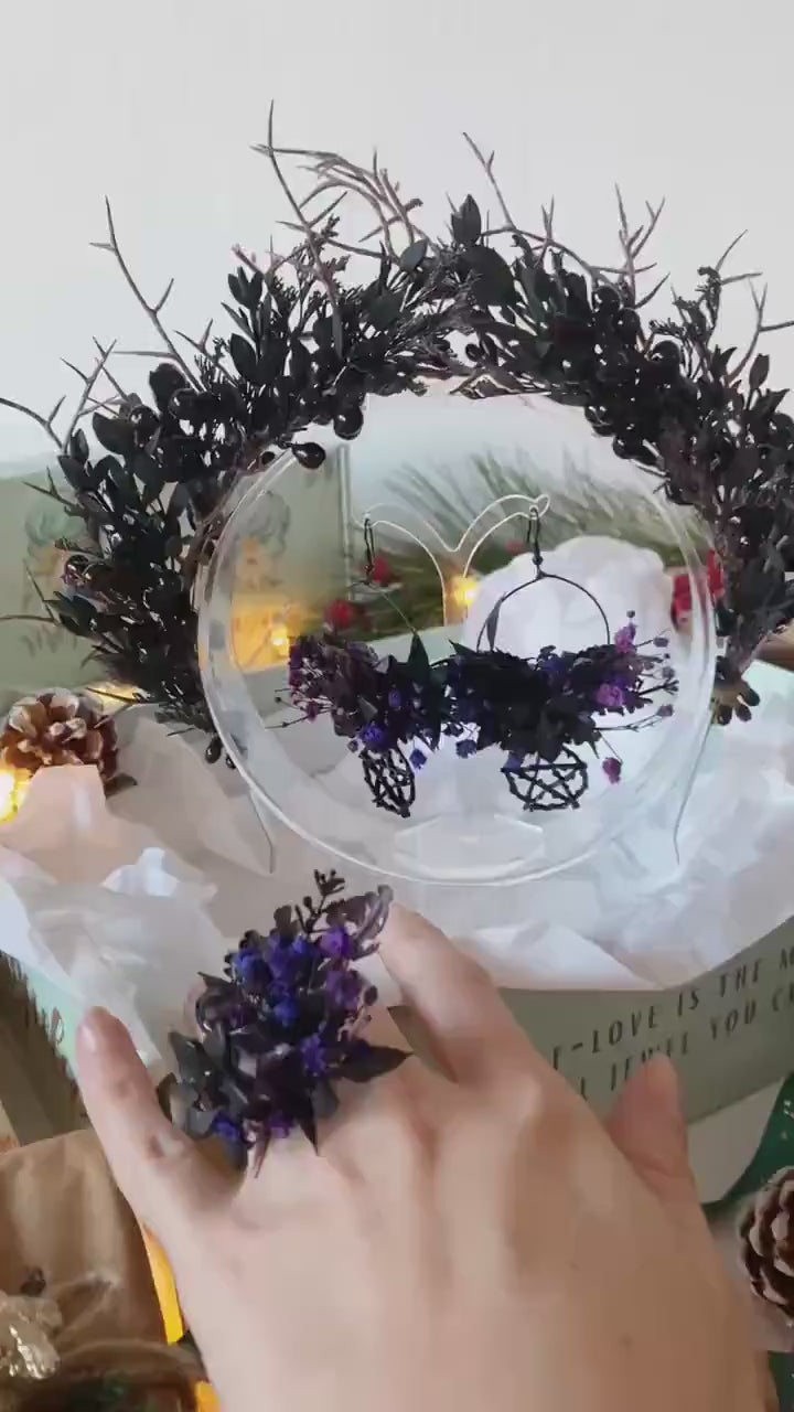 Handmade gift box "Forest witch" - gothic set of headpiece, circle earrings and ring