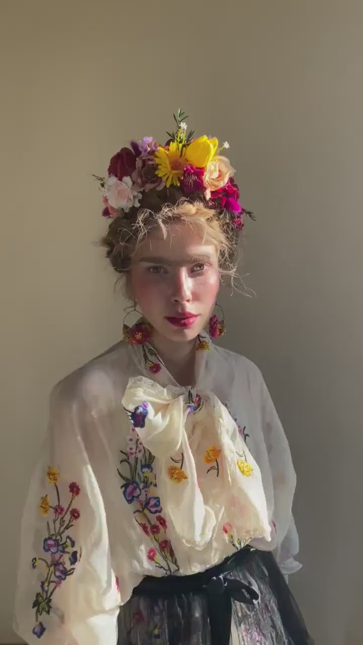 Frida Flower Headband: Colorful Floral Crown, Mexican Fiesta Bridal Hairband