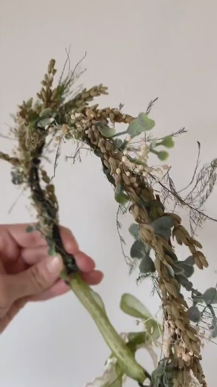 Green Lavender Flower Crown: Preserved Rustic Wedding Half Wreath