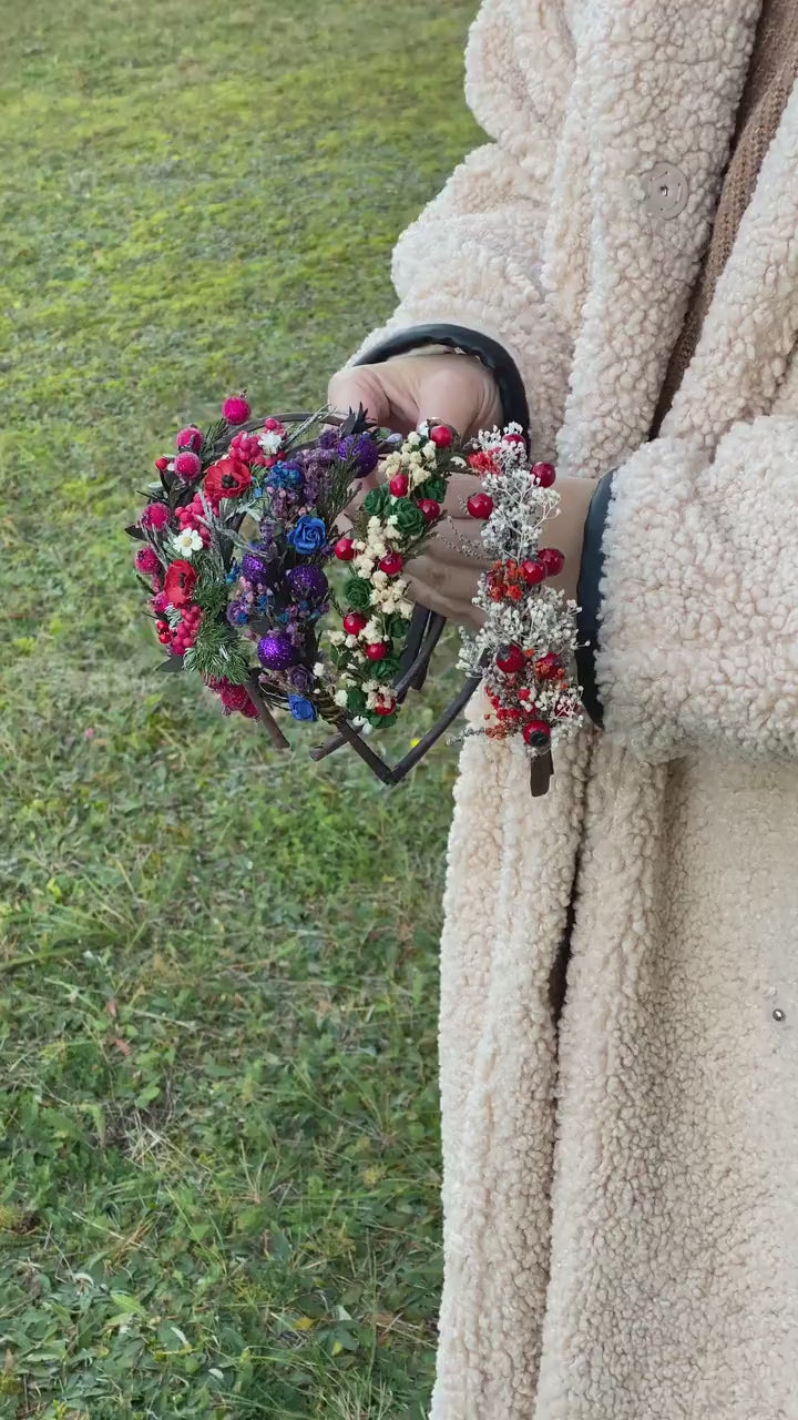 Christmas Flower Headband – Winter Berry Headband, Red Berries & Floral Hair Accessory, Handmade Holiday Hairpiece