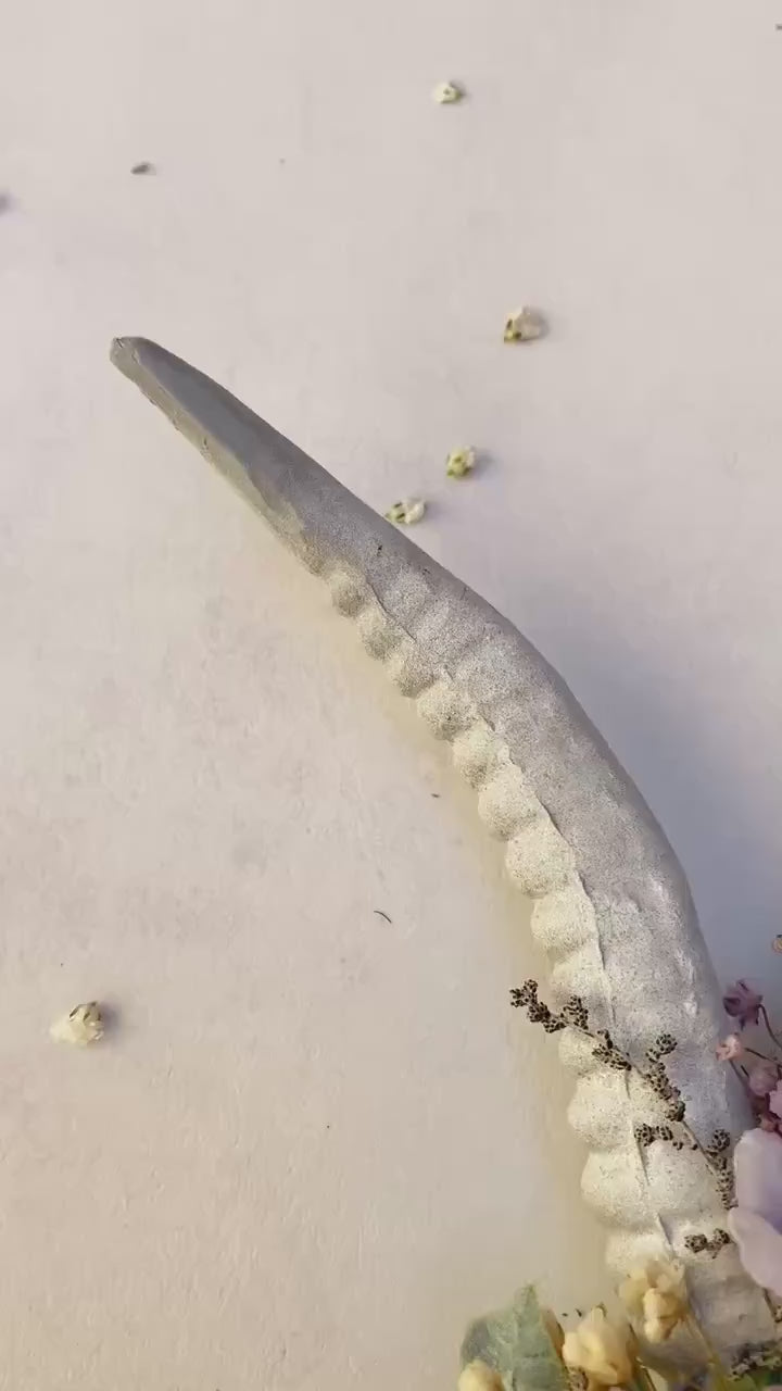 Fantasy Flower Crown with White Horns: Pagan Headpiece