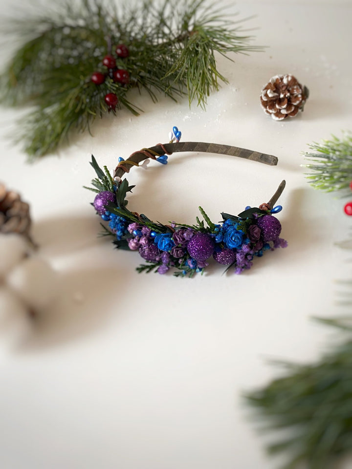 Purple and Blue Winter Headband | Glittering Side Floral Design – handmade floral hair accessory by magaela