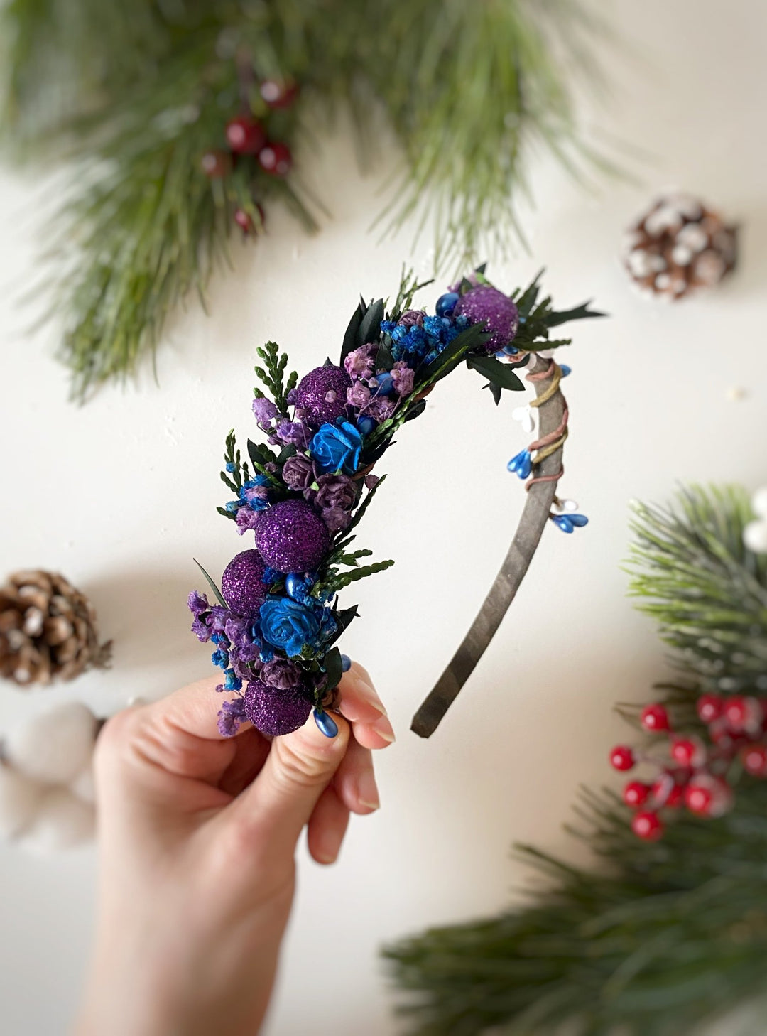 Purple and Blue Winter Headband | Glittering Side Floral Design – handmade floral hair accessory by magaela