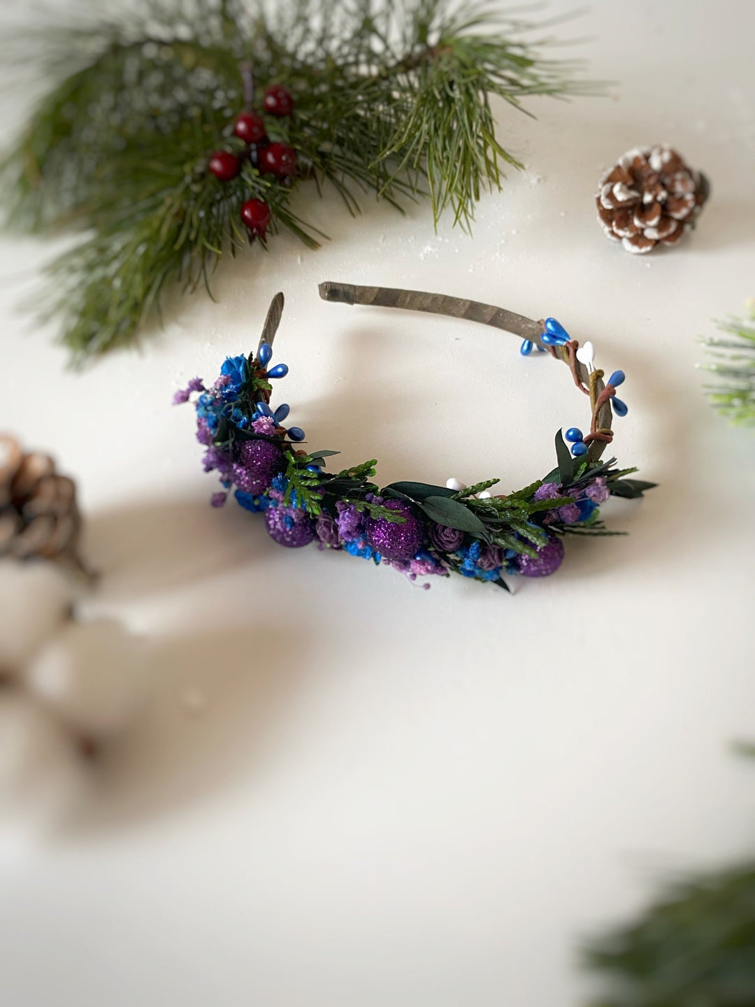 Purple and Blue Winter Headband | Glittering Side Floral Design – handmade floral hair accessory by magaela
