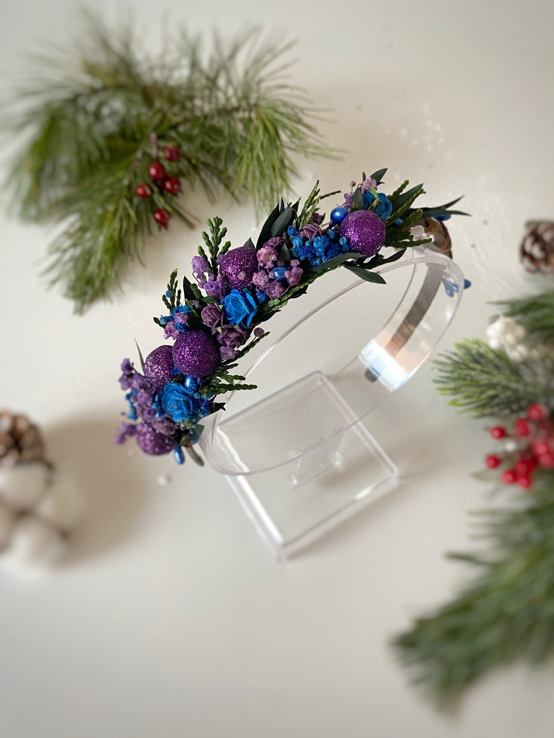 Purple and Blue Winter Headband | Glittering Side Floral Design – handmade floral hair accessory by magaela
