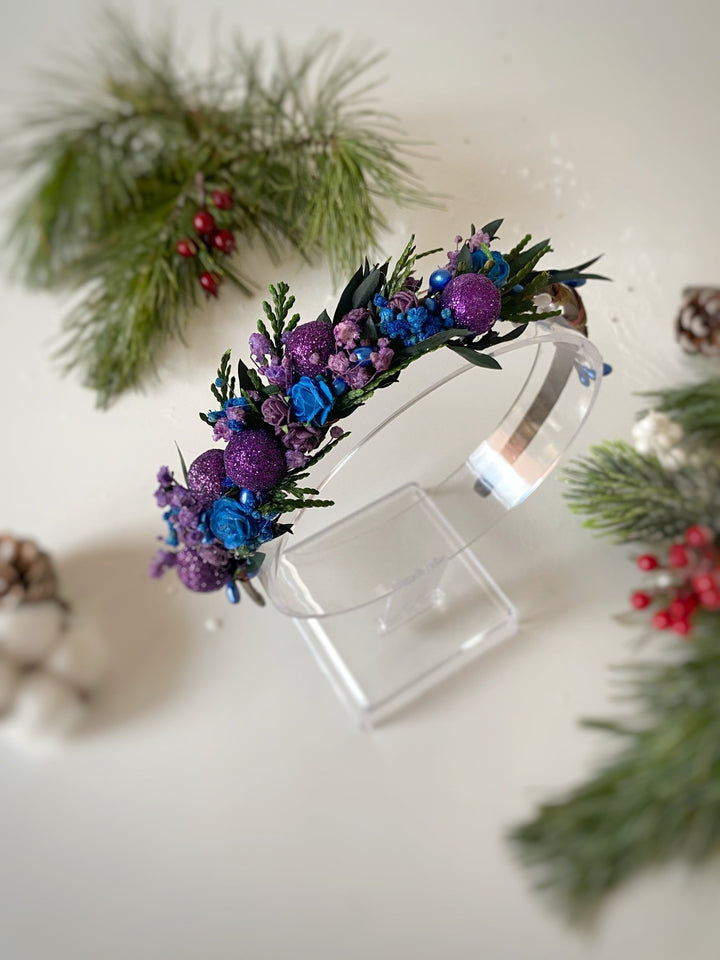 Purple and Blue Winter Headband | Glittering Side Floral Design – handmade floral hair accessory by magaela