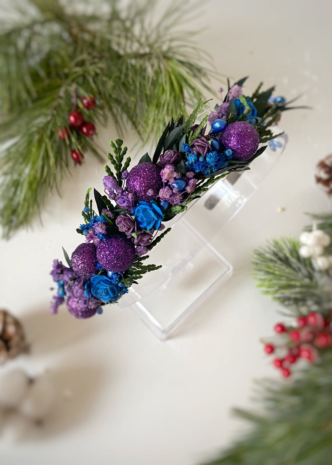 Purple and Blue Winter Headband | Glittering Side Floral Design – handmade floral hair accessory by magaela