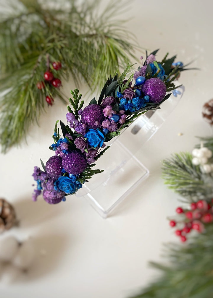 Purple and Blue Winter Headband | Glittering Side Floral Design – handmade floral hair accessory by magaela