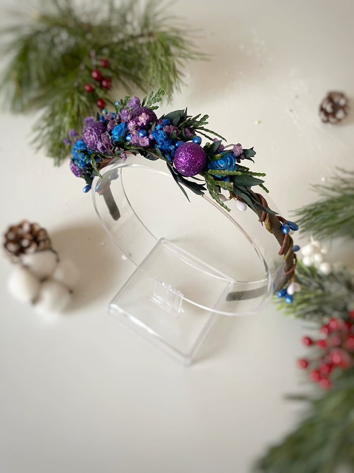 Purple and Blue Winter Headband | Glittering Side Floral Design – handmade floral hair accessory by magaela