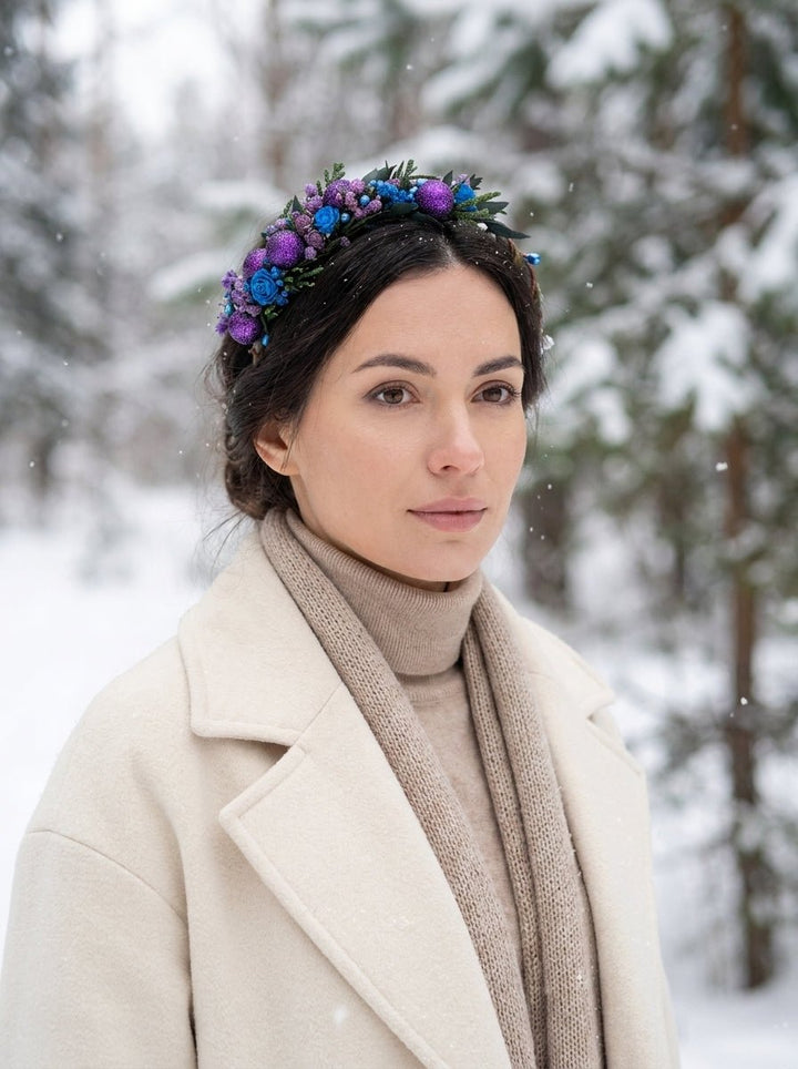 Purple and Blue Winter Headband | Glittering Side Floral Design – handmade floral hair accessory by magaela