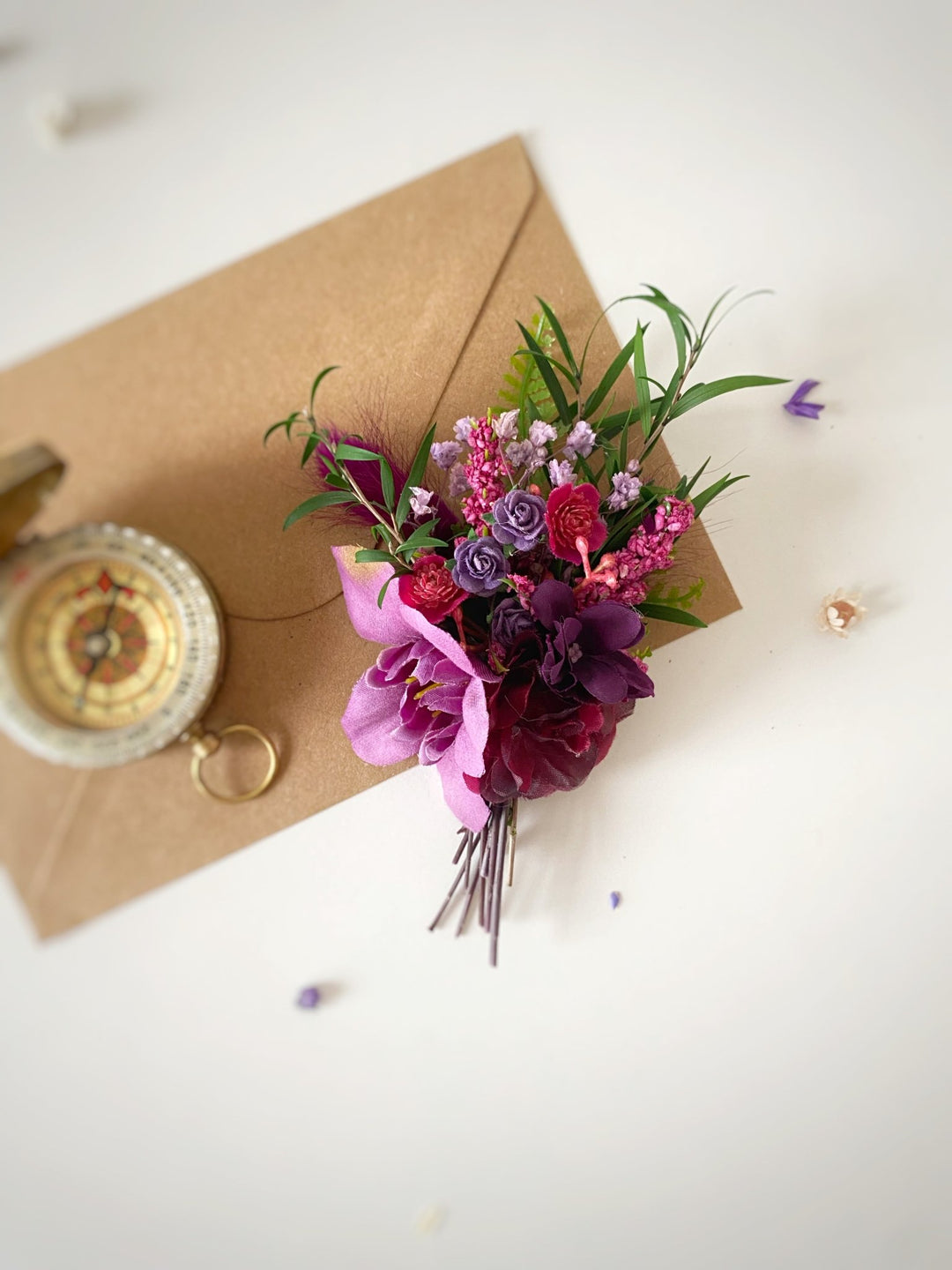 Purple and burgundy wedding flower set: bracelet, earrings in two sizes and boutonniere for groom – handmade floral hair accessory by magaela