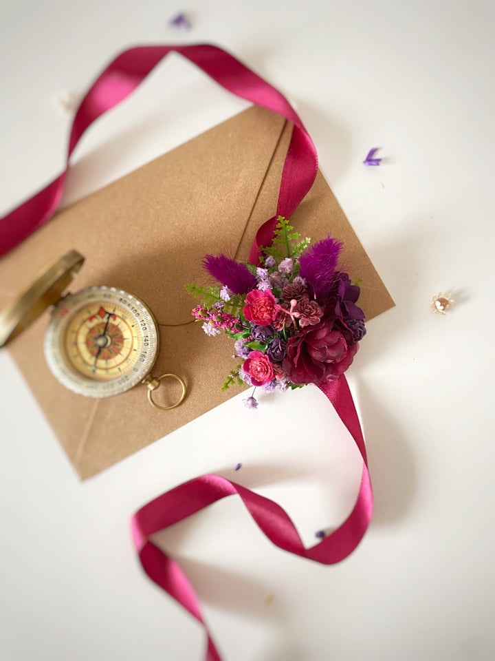 Purple and burgundy wedding flower set: bracelet, earrings in two sizes and boutonniere for groom – handmade floral hair accessory by magaela