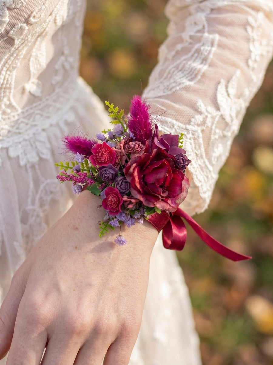 Purple and Burgundy Floral Bridal Bracelet | Handmade Flower Wrist Corsage