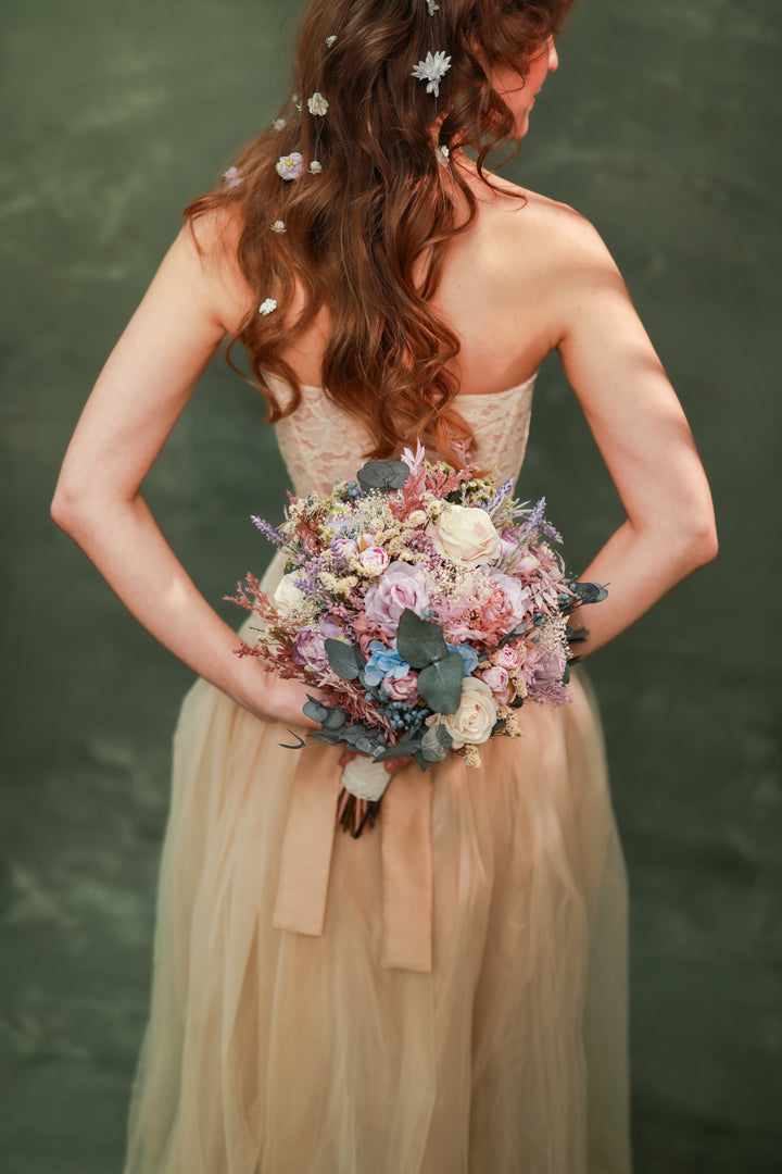 Romantic Garden Bridal Bouquet with Soft Pastel Tones – handmade floral hair accessory by magaela