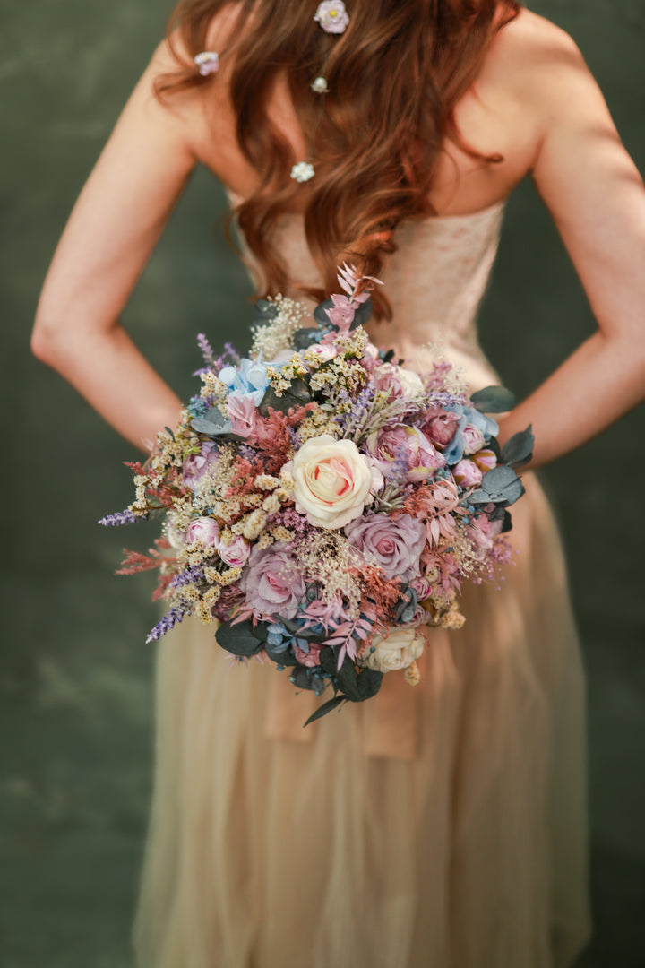 Romantic Garden Bridal Bouquet with Soft Pastel Tones – handmade floral hair accessory by magaela