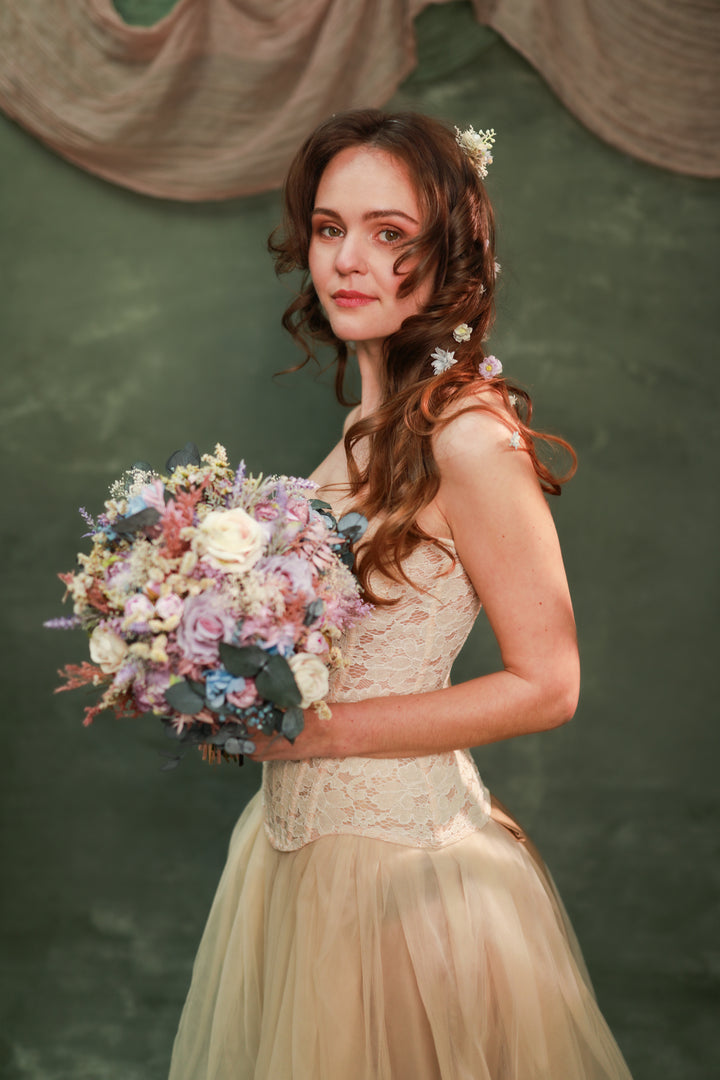 Romantic Garden Bridal Bouquet with Soft Pastel Tones – handmade floral hair accessory by magaela