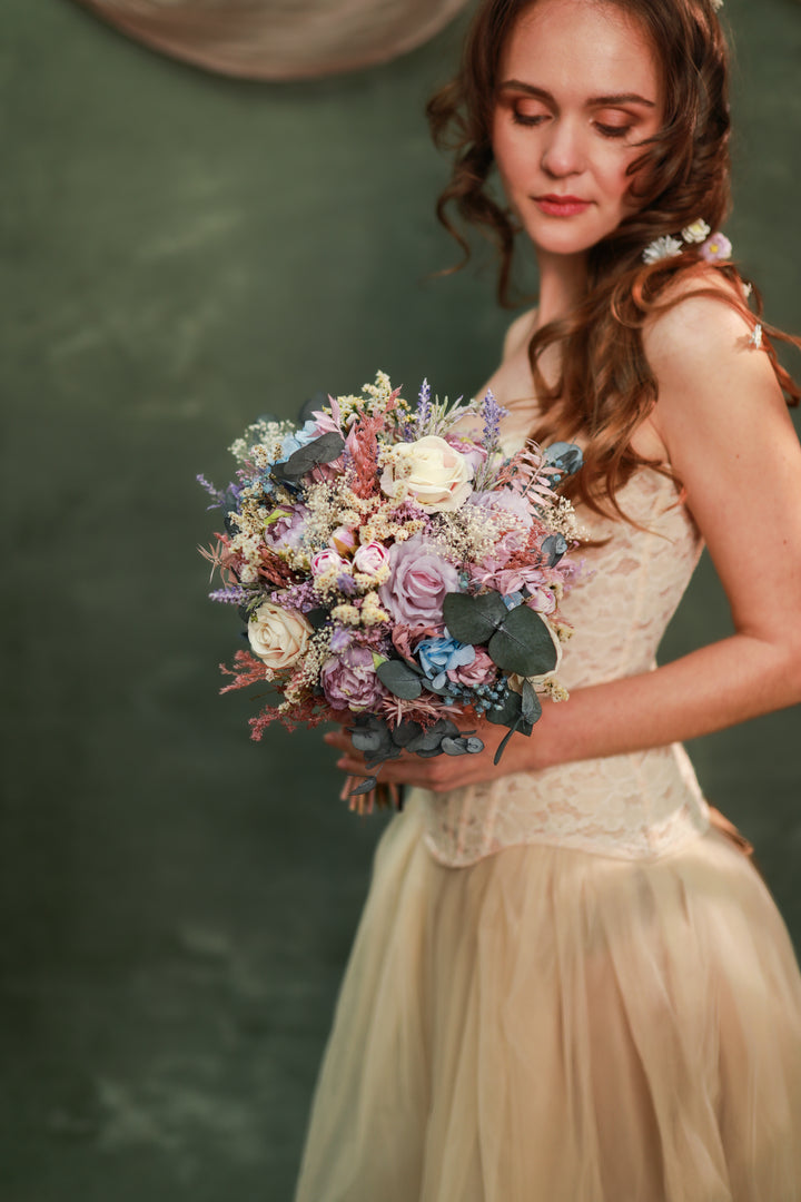 Romantic Garden Bridal Bouquet with Soft Pastel Tones – handmade floral hair accessory by magaela