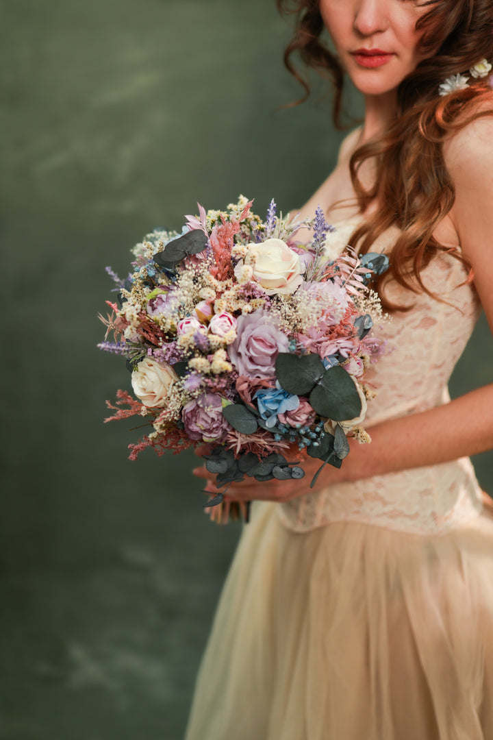 Romantic Garden Bridal Bouquet with Soft Pastel Tones – handmade floral hair accessory by magaela