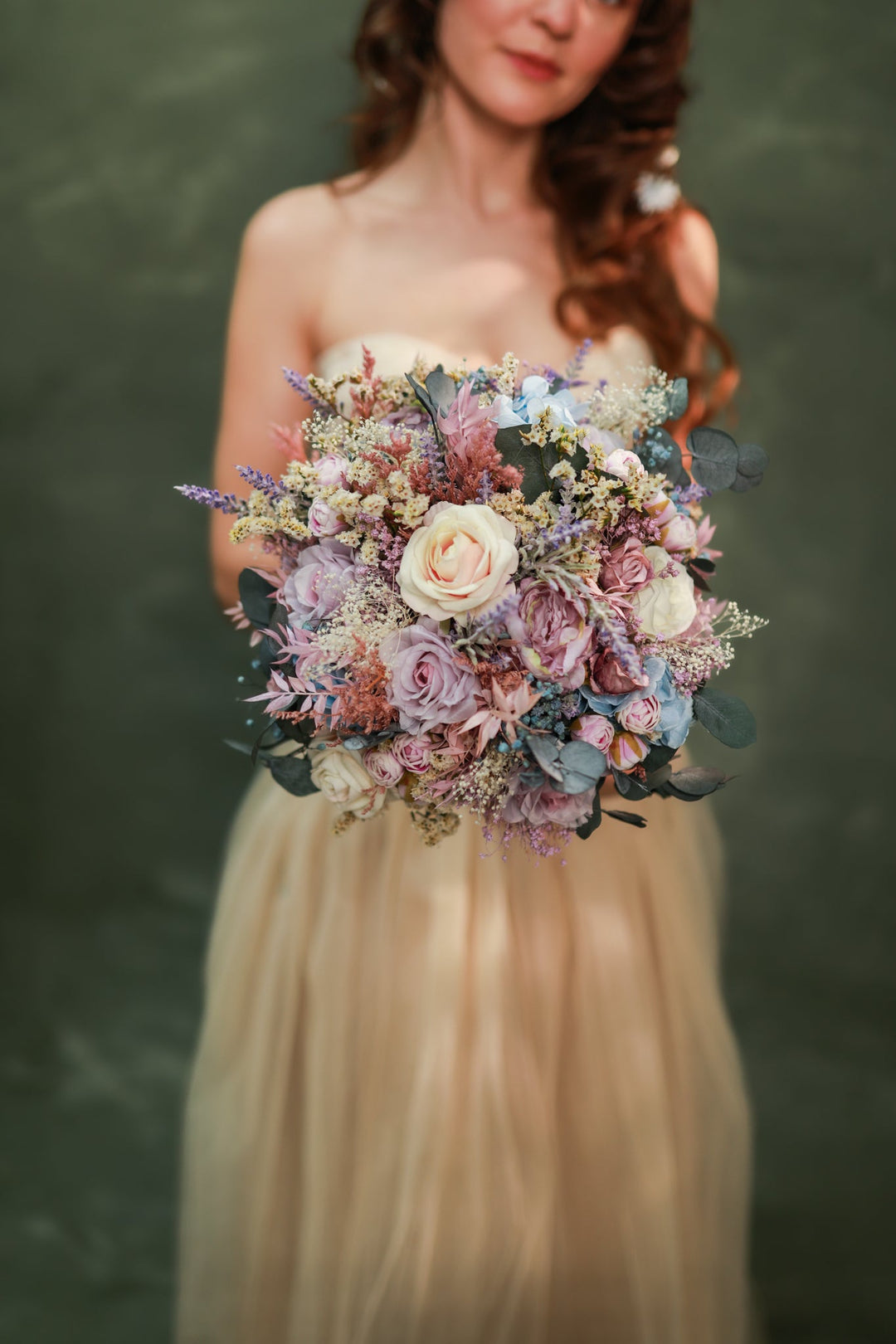 Romantic Garden Bridal Bouquet with Soft Pastel Tones – handmade floral hair accessory by magaela