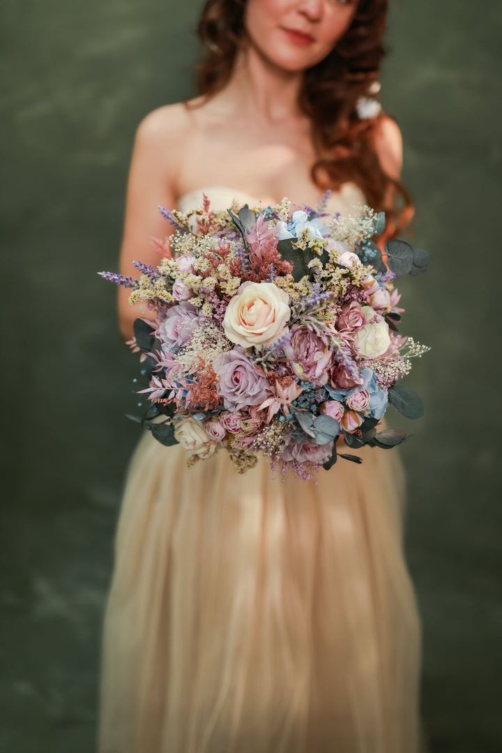 Romantic Garden Bridal Bouquet with Soft Pastel Tones – handmade floral hair accessory by magaela