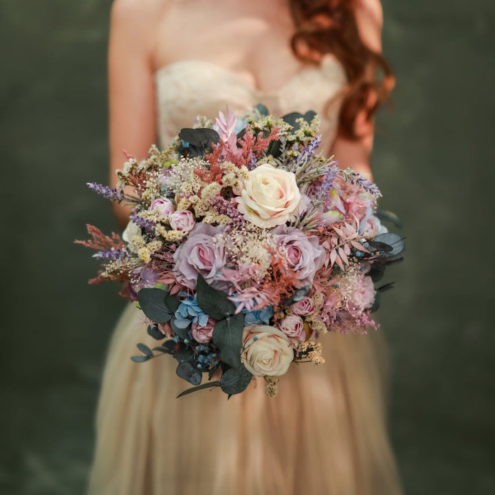 Romantic Garden Bridal Bouquet with Soft Pastel Tones – handmade floral hair accessory by magaela