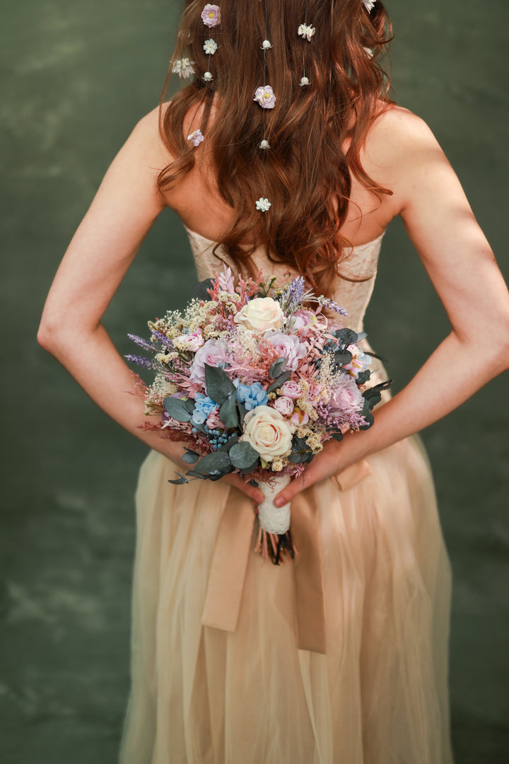 Romantic Garden Bridal Bouquet with Soft Pastel Tones – handmade floral hair accessory by magaela