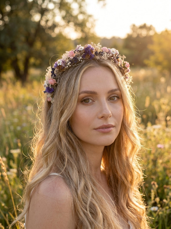 Romantic Flower Headband: Purple Pink Bridal Hairpiece – handmade floral hair accessory by magaela