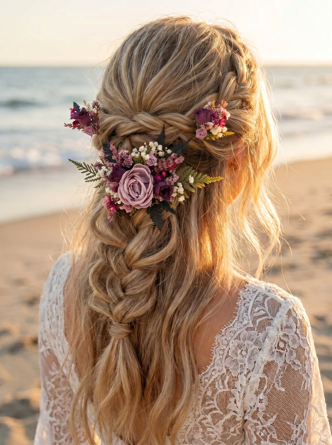 Purple Floral Hair Vine with Veil: Romantic Boho Wedding Comb – handmade floral hair accessory by magaela