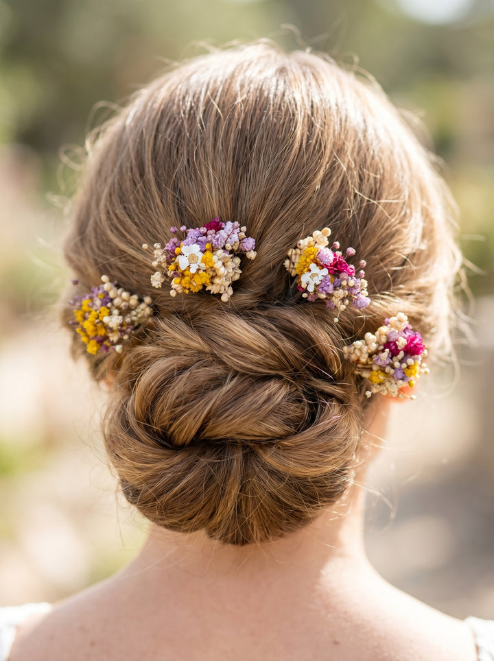 Updo hairstyle with floral hair accessories against a blurred natural background