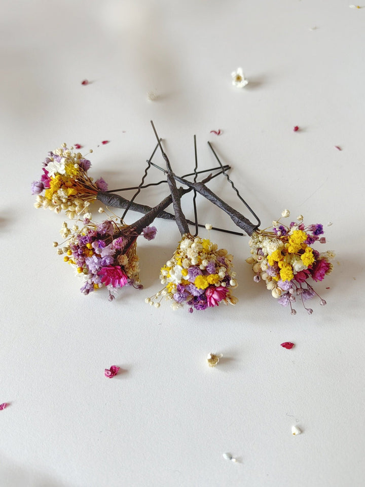 Dried Flower Hairpins: Magenta, Violet & Yellow Bridal Hair Accessories – handmade floral hair accessory by magaela
