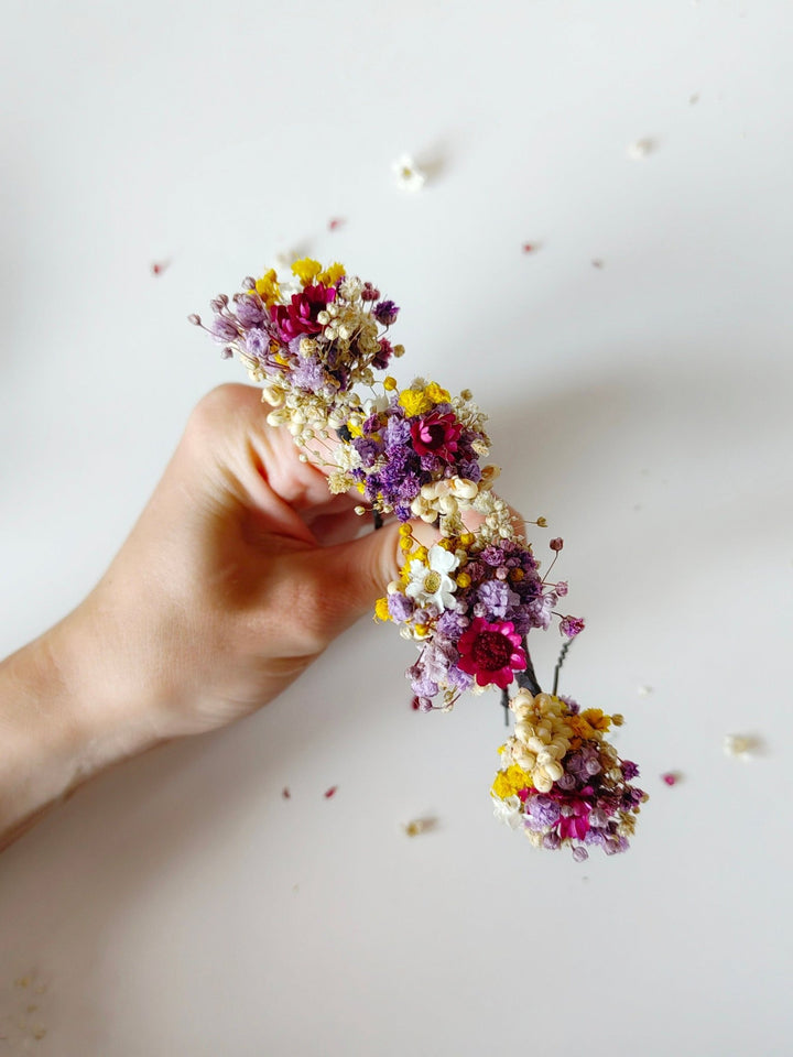 Dried Flower Hairpins: Magenta, Violet & Yellow Bridal Hair Accessories – handmade floral hair accessory by magaela