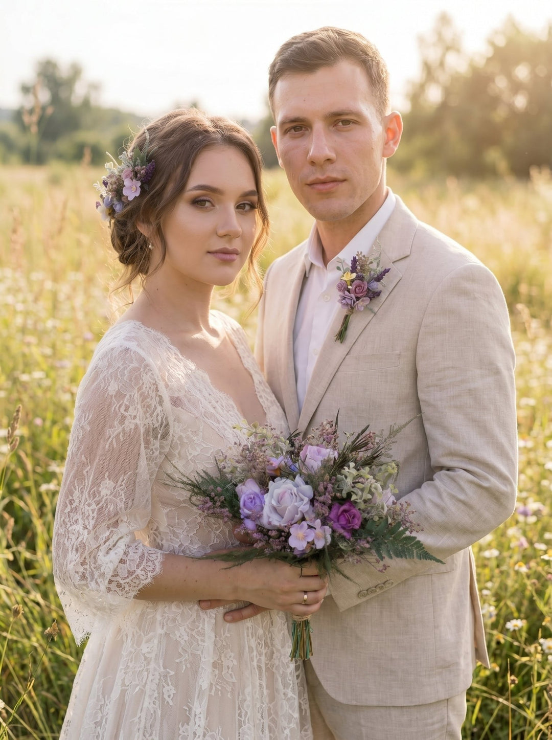 Purple Wildflower Wedding Set – Boho Bridal Collection – handmade floral hair accessory by magaela