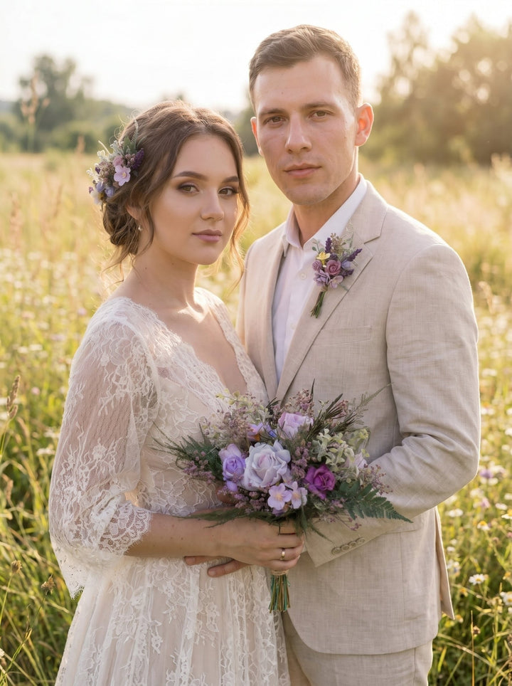 Purple Wildflower Wedding Set – Boho Bridal Collection – handmade floral hair accessory by magaela