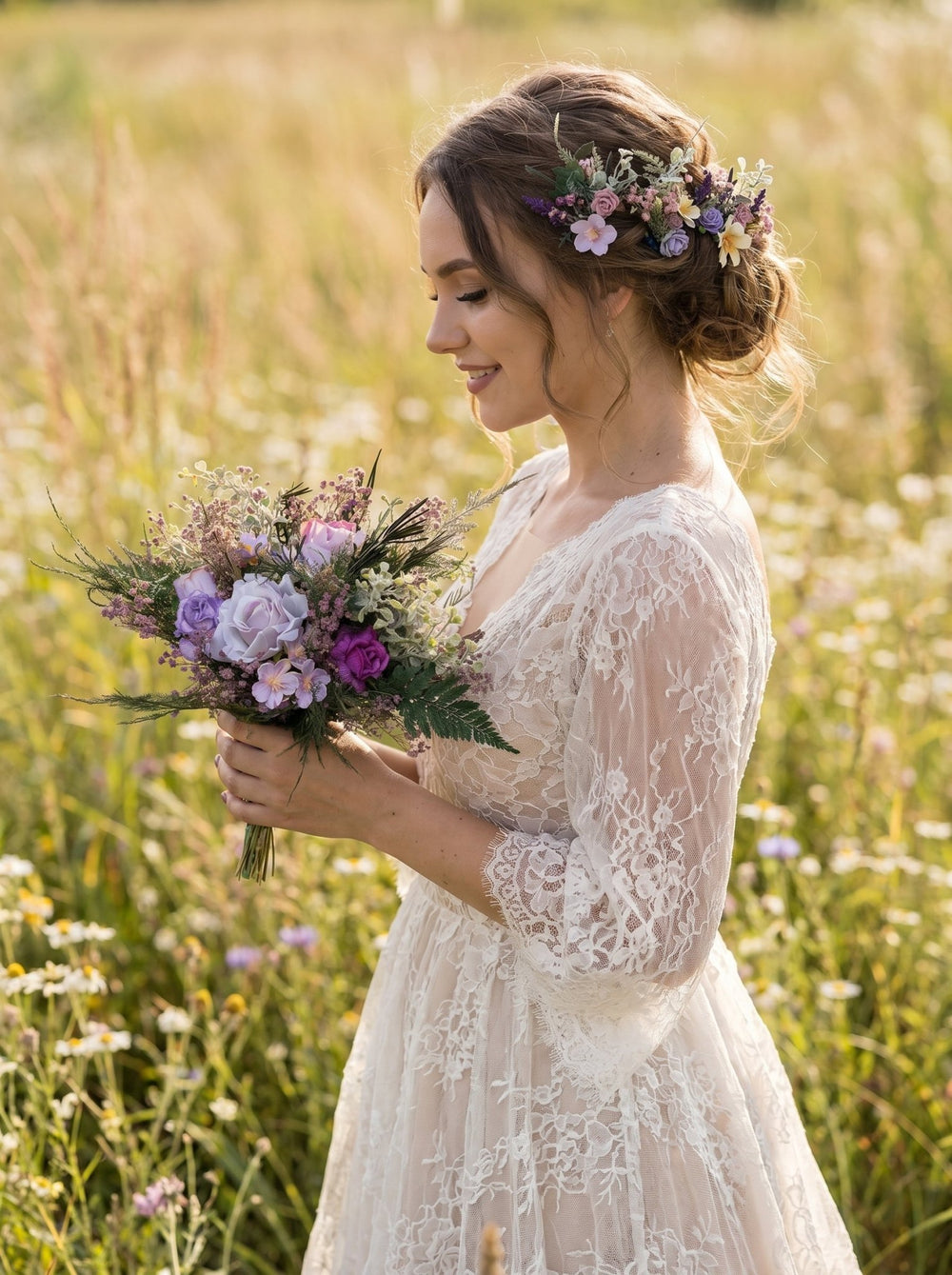Purple Wildflower Wedding Set – Boho Bridal Collection – handmade floral hair accessory by magaela