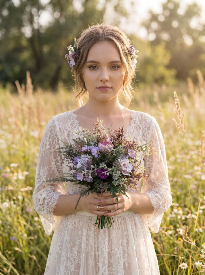 Purple Wildflower Wedding Set – Boho Bridal Collection – handmade floral hair accessory by magaela