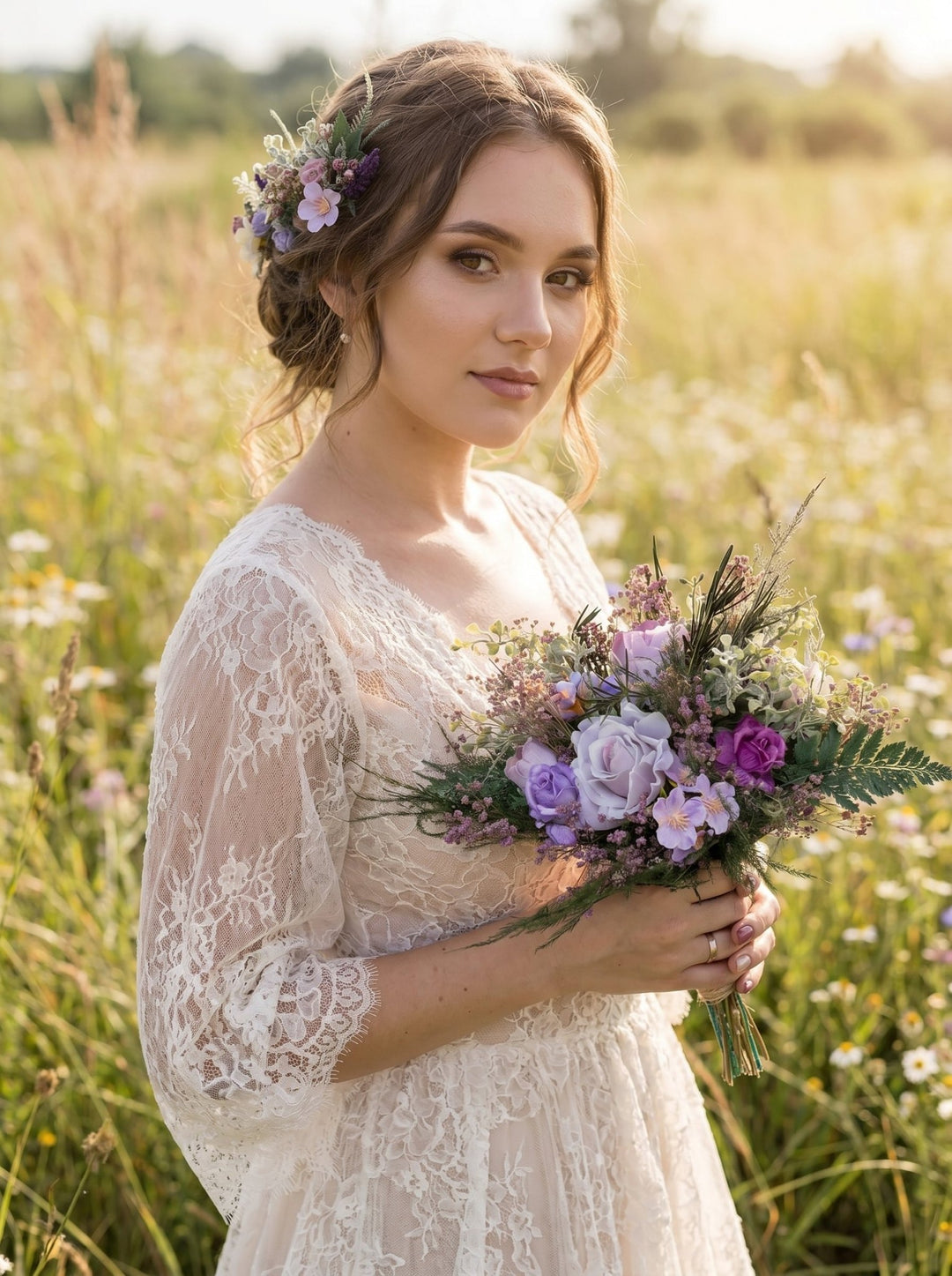 Purple Wildflower Wedding Set – Boho Bridal Collection – handmade floral hair accessory by magaela