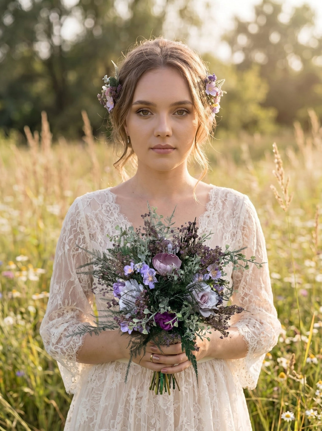 Purple Wildflower Wedding Set – Boho Bridal Collection – handmade floral hair accessory by magaela