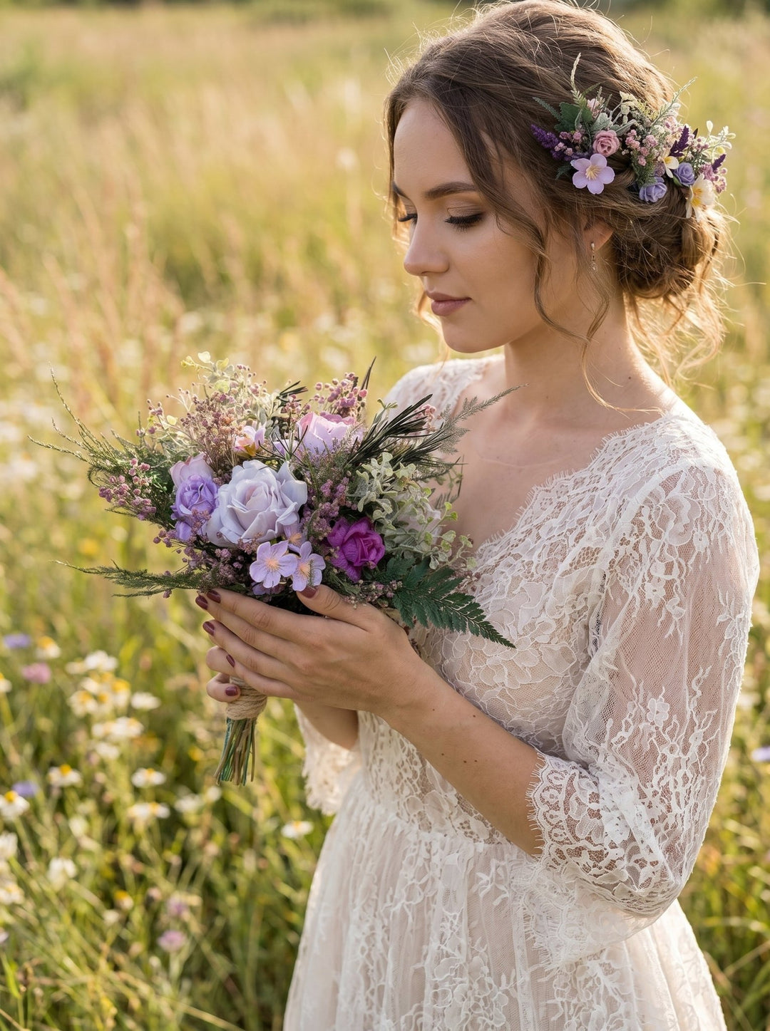 Purple Wildflower Wedding Set – Boho Bridal Collection – handmade floral hair accessory by magaela