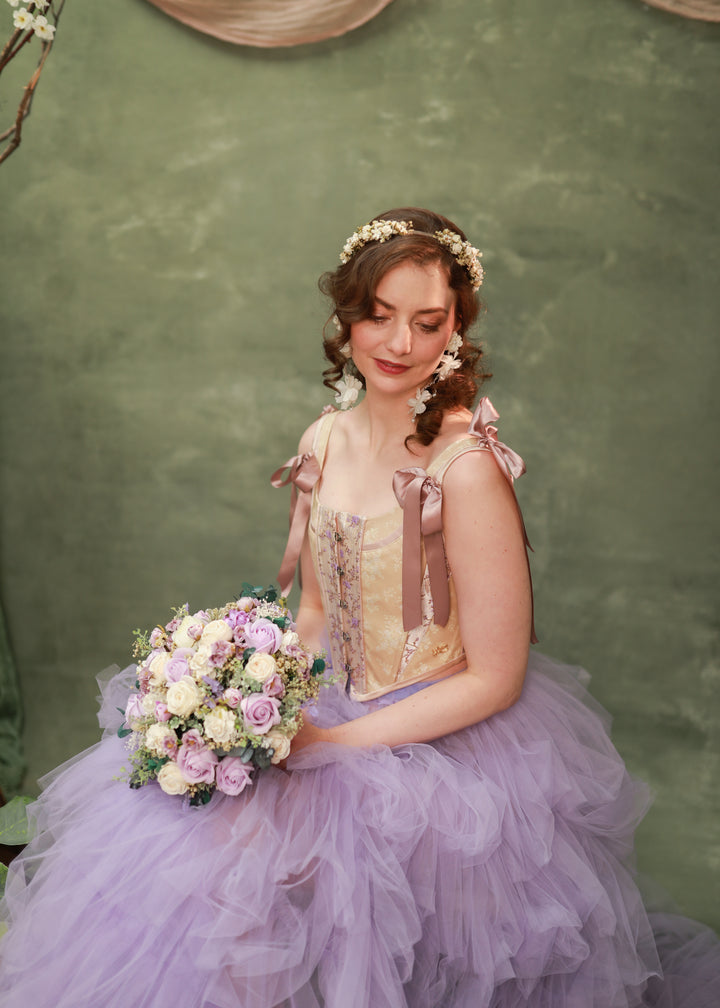 Romantic Round Bridal Bouquet in Violet, Blush and Cream Tones – handmade floral hair accessory by magaela