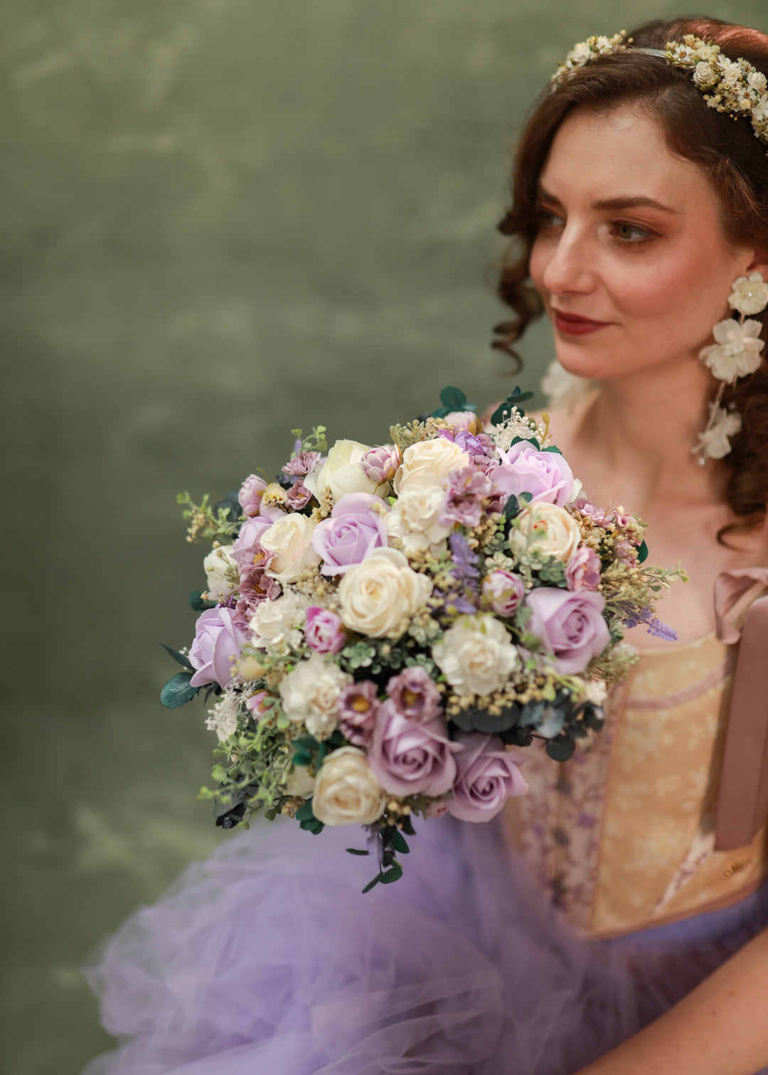 Romantic Round Bridal Bouquet in Violet, Blush and Cream Tones – handmade floral hair accessory by magaela