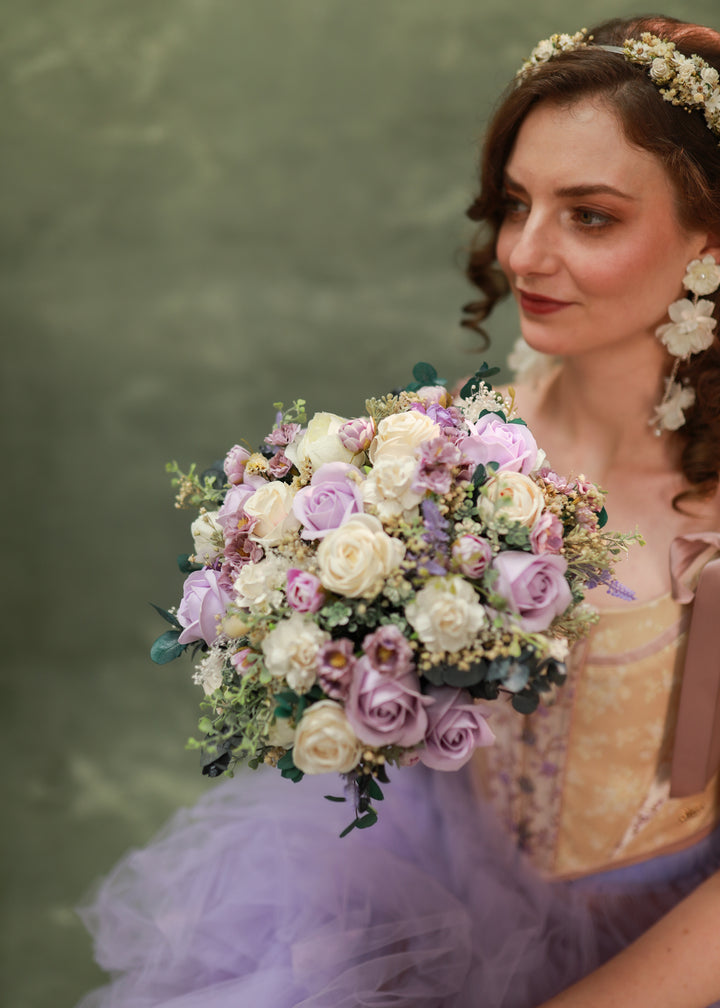 Romantic Round Bridal Bouquet in Violet, Blush and Cream Tones – handmade floral hair accessory by magaela
