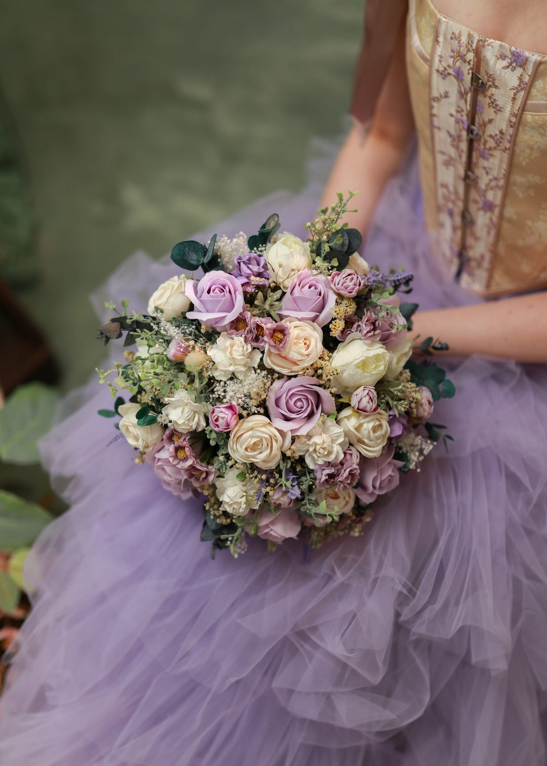 Romantic Round Bridal Bouquet in Violet, Blush and Cream Tones – handmade floral hair accessory by magaela