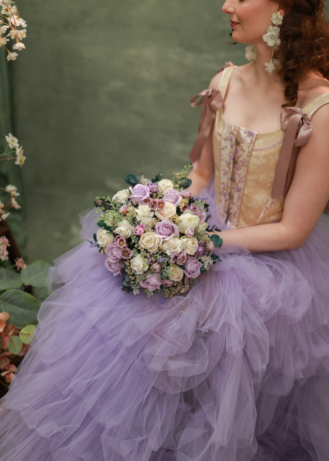 Romantic Round Bridal Bouquet in Violet, Blush and Cream Tones – handmade floral hair accessory by magaela