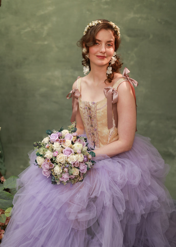 Romantic Round Bridal Bouquet in Violet, Blush and Cream Tones – handmade floral hair accessory by magaela