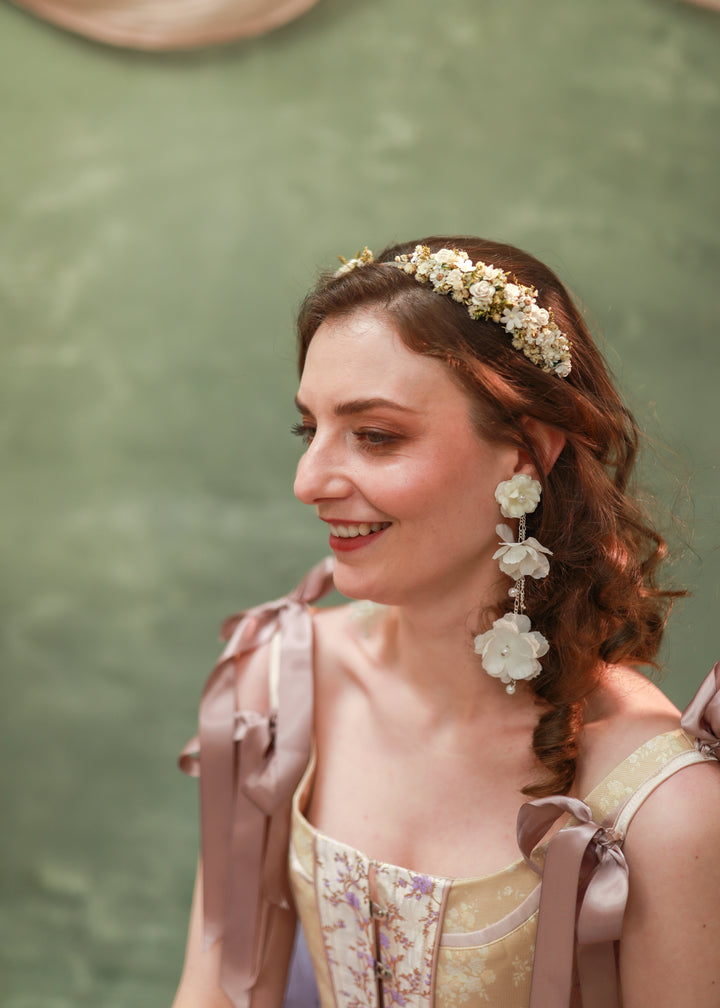 Long White Flower Drop Earrings with Pearls and Chain – Bridal Jewelry – handmade floral hair accessory by magaela