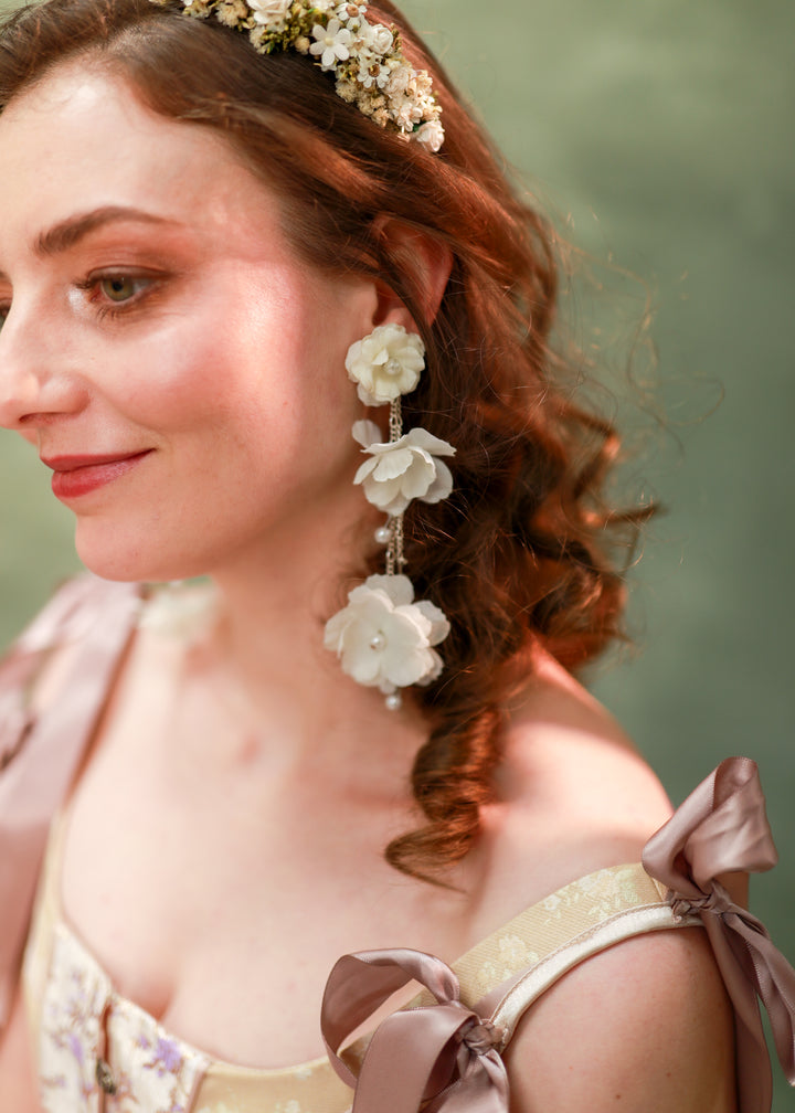 Long White Flower Drop Earrings with Pearls and Chain – Bridal Jewelry – handmade floral hair accessory by magaela