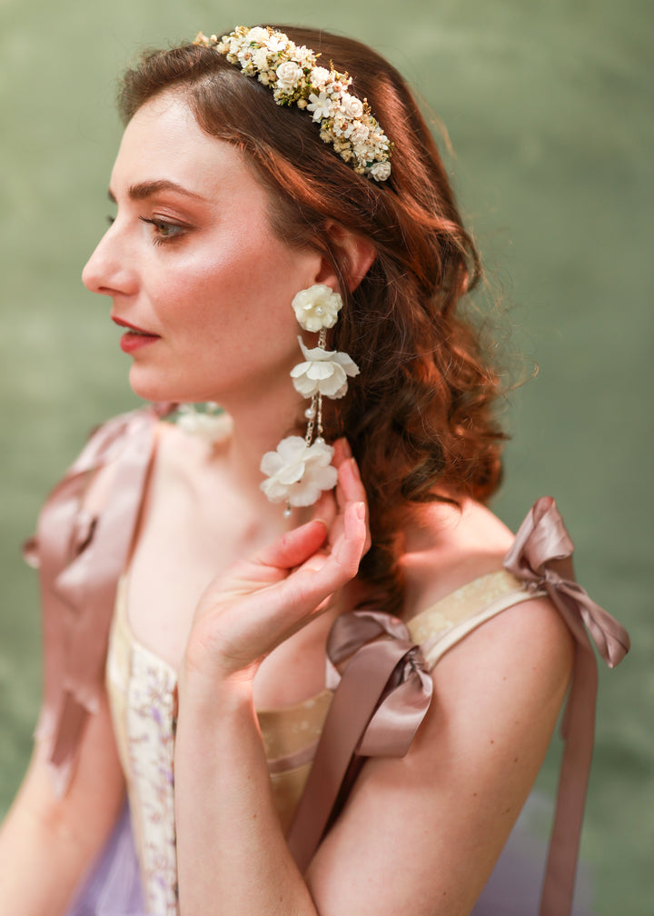 Long White Flower Drop Earrings with Pearls and Chain – Bridal Jewelry – handmade floral hair accessory by magaela